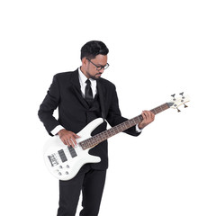 Business man playing bass guitar on white background.