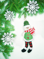christmas decoration composition with fir branches on white back