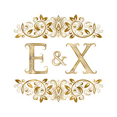 E and X vintage initials logo symbol. The letters are surrounded by ornamental elements. Wedding or business partners monogram in royal style.