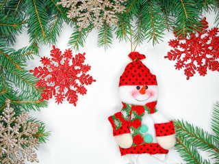 christmas decoration composition with fir branches on white back