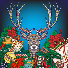 Deer head with Christmas wreath. Stock line vector illustration.