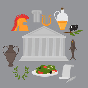 Travel Greek Culture Landmarks and cultural features flat icons design set.