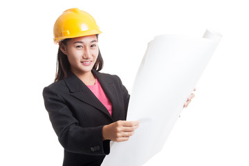 Asian engineer woman with blueprints.