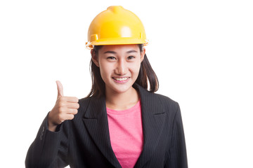 Asian engineer woman show thumbs up.