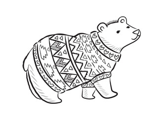 Hand drawn outline print with polar bear in winter sweater