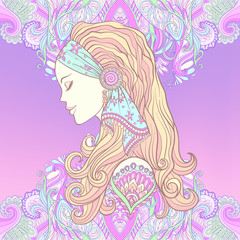  Young woman with long hair in medieval costume on decorative pa