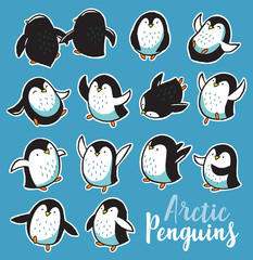 Sticker set with funny hand drawn penguins