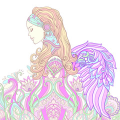 Young woman with long hair with angel wings in medieval costume