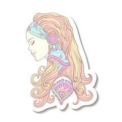 Fashion patch badges with Young woman with long hair in medieval