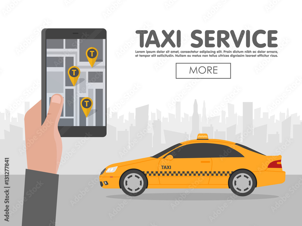Poster phone with interface taxi on screen on background the city. mobile app for booking service. flat vec