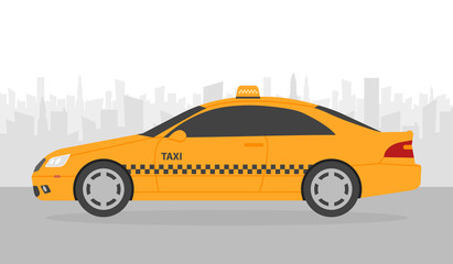 Yellow taxi car in front of city silhouette, vector illustration in simple flat design