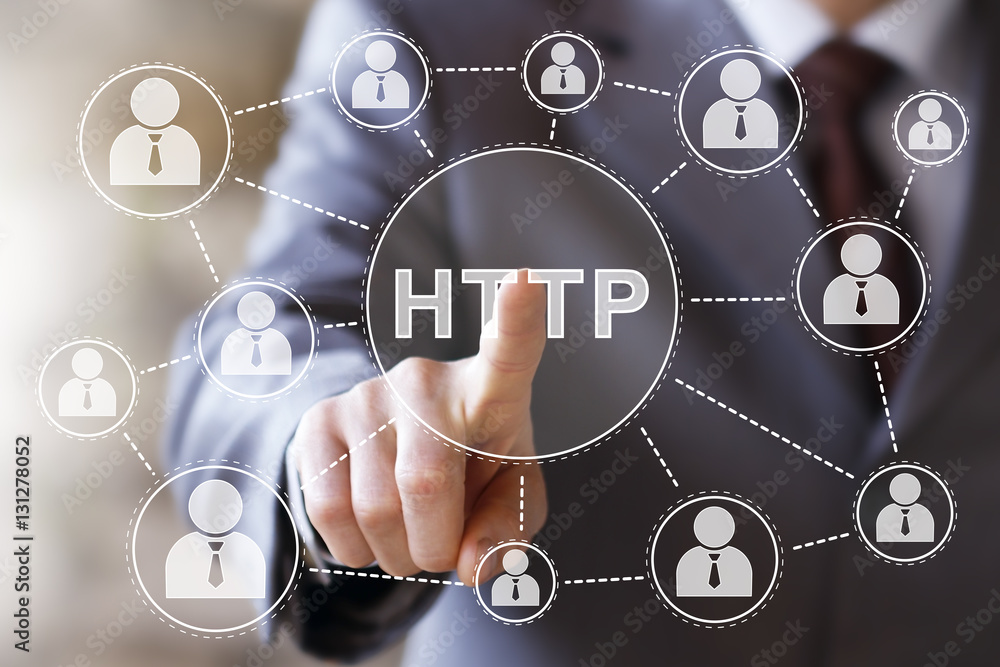 Poster businessman press button http web network