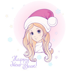 Young girl with long hair in a hat of Santa Claus helper. Stock