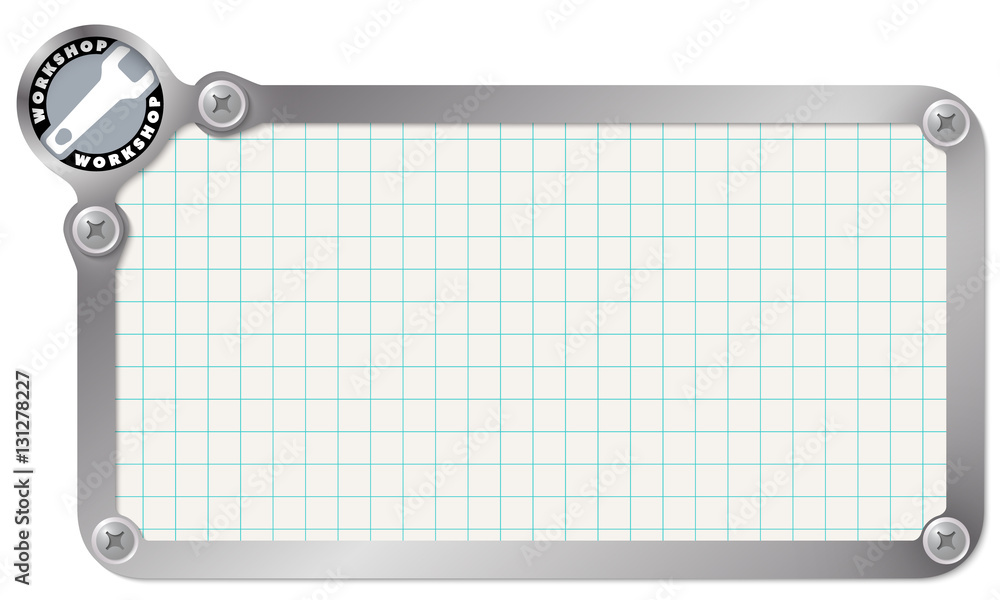 Aufkleber metal frame for your text with graph paper and workshop icon