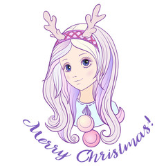 Young girl with long purple hair with a rim for hair with antler