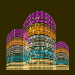 Colored .futuristic skyscrapers with abstract binary code
