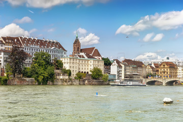 .Lovely panoramic view of the embankment of the river Rhine in the Swiss city of Basel.