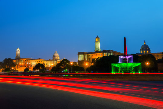 Delhi, India. Illuminated Rashtrapati Bhavan an Parliament building