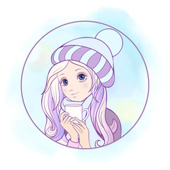 The girl with big eyes in a winter hat and scarf and cap of tea.