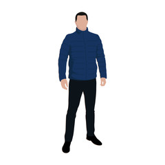 Standing man in blue feather jacket, flat vector illustration