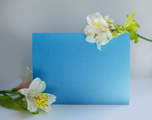 frame made of flowers and blue background for text