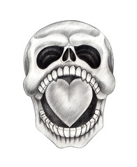 Art design skull head mix graphic tribal tattoo hand pencil drawing on paper.