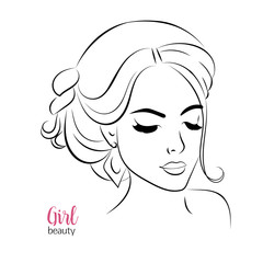 Vector portrait of beautiful woman, bride. Thin line, sketch isolated