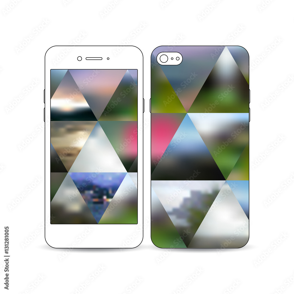 Poster mobile smartphone with an example of the screen and cover design isolated on white. abstract colorfu