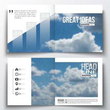 Set of annual report business templates for brochure, magazine, flyer or booklet. Beautiful blue sky, abstract background with white clouds, leaflet cover, layout, vector illustration