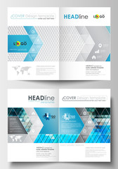 Business templates for brochure, magazine, flyer, booklet or report. Cover design template, flat layout in A4 size. Abstract triangles, blue and gray triangular background, modern polygonal vector.