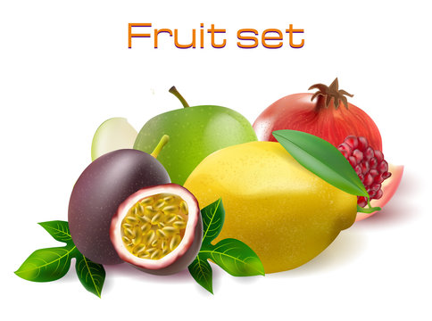 Vector realistic 3d fruit set. Passionfruit, pomegranate, lemon apple isolated