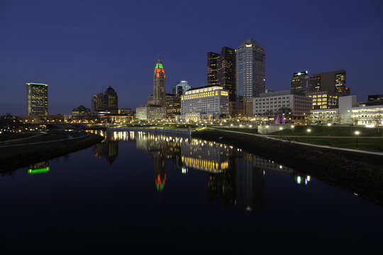 Scioto River And Columbus Ohio Skyline At John W. Galbreath Bicentennial Park At Dusk