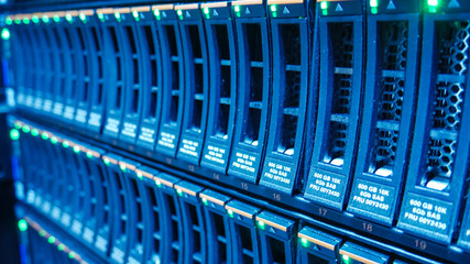 Closeup Strorage Hard Disk Bay in Modern Data Center.