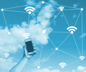 Hand holding mobile phone, Wifi icon, network connection, business and internet of things concept
