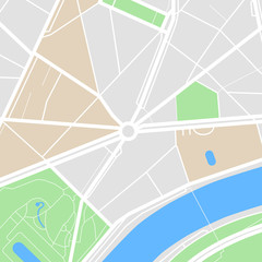 Map of the city with streets, parks and pond. Flat design abstract vector illustration.