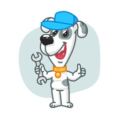 Dog Holding Wrench and Smiling