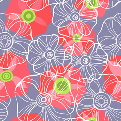 Beautiful Poppy Flowers set, Colorful Vector seamless pattern.
