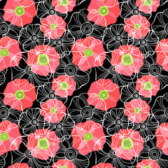 Naklejka premium Beautiful Poppy Flowers set, Colorful Vector seamless pattern.