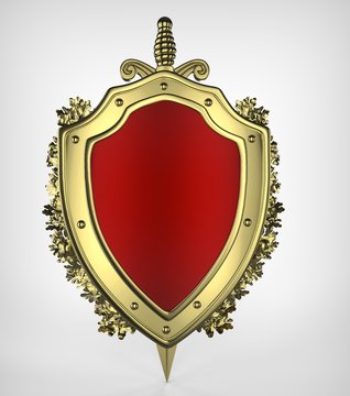 3d rendreing gold shield, a sword and oak wreath