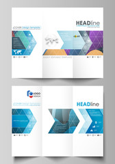 Tri-fold brochure business templates on both sides. Easy editable vector layout in flat style. Bright color pattern, colorful design with overlapping shapes forming abstract beautiful background.