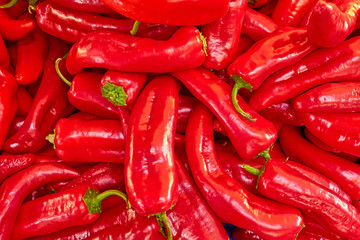 sweet horn peppers closeup, red natural background