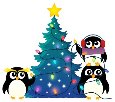 Penguins around Christmas tree theme 1