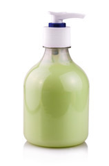 Bottle of hand sanitizer with dispenser on white