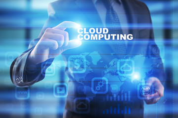 Businessman selecting cloud computing on virtual screen.