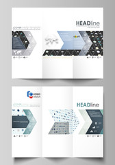 Tri-fold brochure business templates on both sides. Abstract layout in flat style. Soft color dots with illusion of depth and perspective, dotted background. Modern elegant vector design.