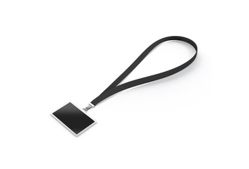 Blank black name bagde with dark lace mockup, 3d rendering. Plain horizontal namebadge mock up with cotton band isolated. Clear business pass design template. Corporate branding lanyard.