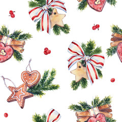 Seamless Christmas and New Year pattern with elements of decoration. Handmade decorations with fir branches, gingerbread cookies, cinnamon sticks and pine cones. Bright colors watercolor.