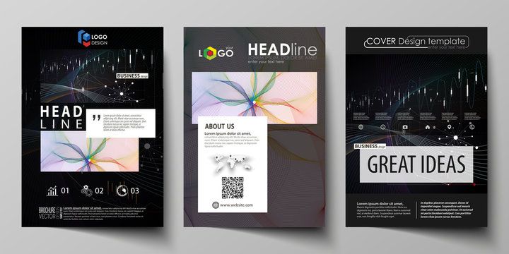 Business templates for brochure, flyer, annual report. Cover design template, vector layout in A4 size. Colorful abstract infographic background with lines, symbols, diagrams and other elements.