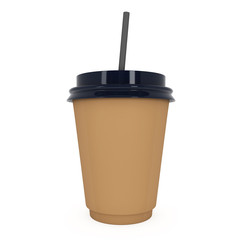 Disposable coffee cup with paper straw . Brown paper mug with plastic cap. 3d render isolated on white background