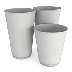 Disposable coffee cups. Blank paper mug. 3d render isolated on white background